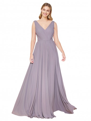 Shop Draped Floor Length High Neck V-Back Chiffon Prom Dress with Shirred Bodice