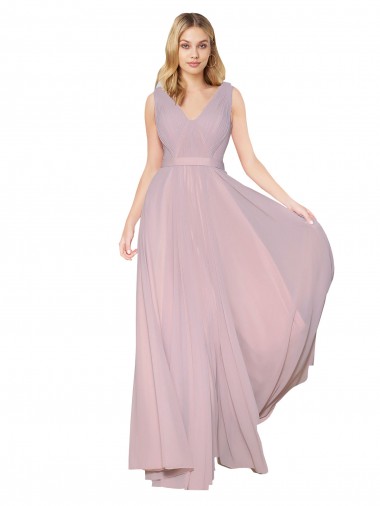 Shop Draped V-Neck Long Chiffon Prom Dress with Shirred Bodice