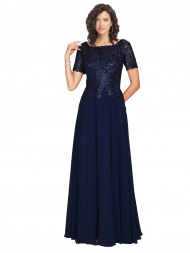 Shop Short Sleeves A-Line Long Chiffon Prom Dress with Beaded Bodice