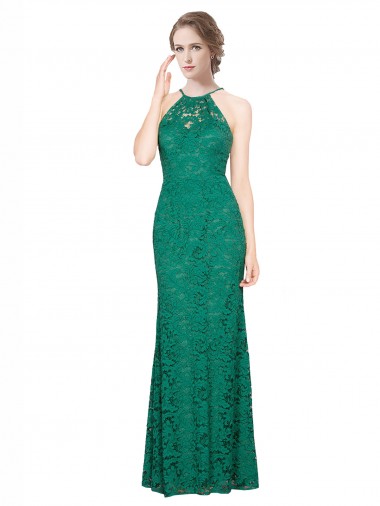 Shop High Illusion Halter Neck Long Lace Prom Dress