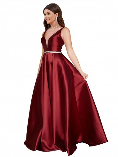 Shop Sleeveless Deep V-Neck A-Line Satin Prom Dress with Pockets