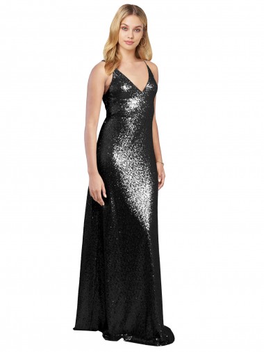 Shop Full Length A-Line Sequin Prom Dress with Spaghetti Straps V-Neckline