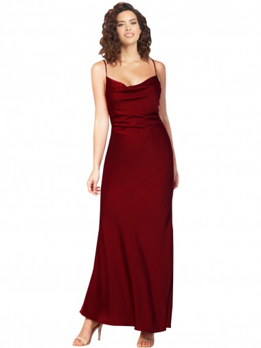 Shop Cowl Neck Low Back Silky Satin Prom Dress with Thin Back Straps