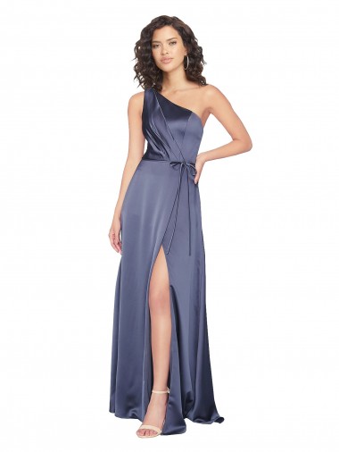 Shop Draped Silky Satin Prom Dress with Tied Waist