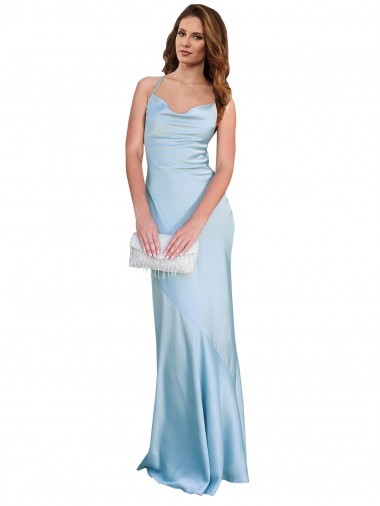 Shop Open Back with Ties Cowl Neck Sheath Silky Satin Long Bridessmaid Dress