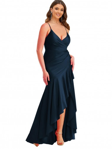 Shop Pleated Wrap Ruffled High Low Silky Satin Prom Dress