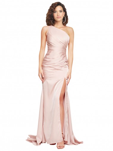 Shop Full Length One Shoulder Long Silky Satin Prom Dress with High Split