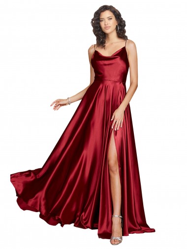 Shop Cowl Neckline Long Silky Satin Prom Dress with Spaghetti Straps