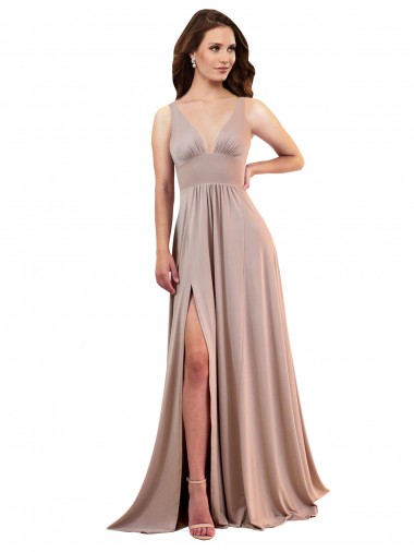Shop Long A-Line Plunge V-Neckline Spandex Prom Dress with Slit