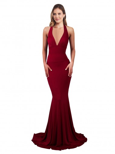 Shop Halter Mermaid Plunge V-Neckline Open Back Bow Tie Spandex Prom Dress