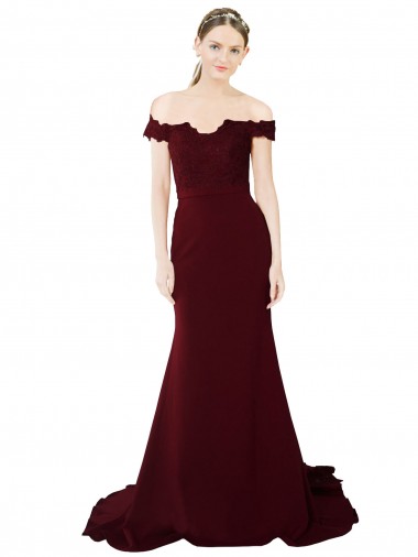Shop Full Length Off the Shoulder Formal Crepe Prom Dress with Lace On Bodice and Back