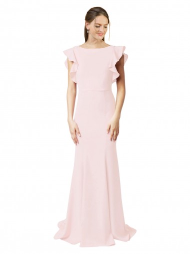 Shop Low V-Back Long Mermaid Crepe Prom Dress with Ruffled Sleeves