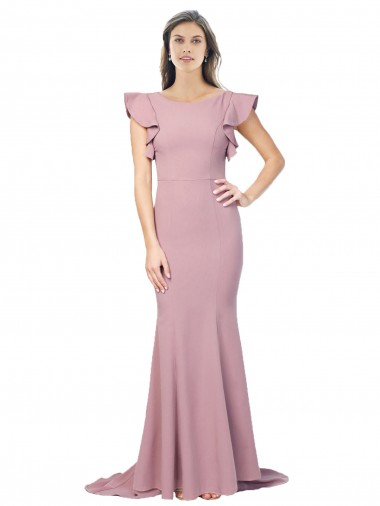 Shop Flutter Sleeves Low V-Back High Round Neck Crepe Prom Dress