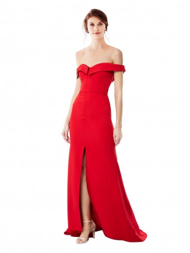 Shop Off the Shoulder Chapel Train Crepe Prom Dress with Thigh-High slit