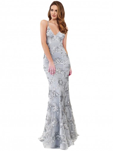 Shop Silver V-Neckline Backless Floral Patterned Sequin Prom Dress