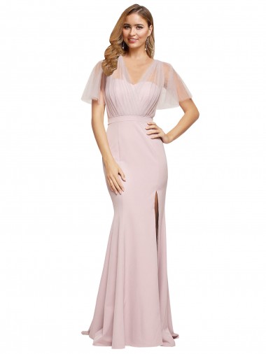 Shop Crepe Long Sweetheart Neckline Prom Dress with Tulle Overlay Shoulders