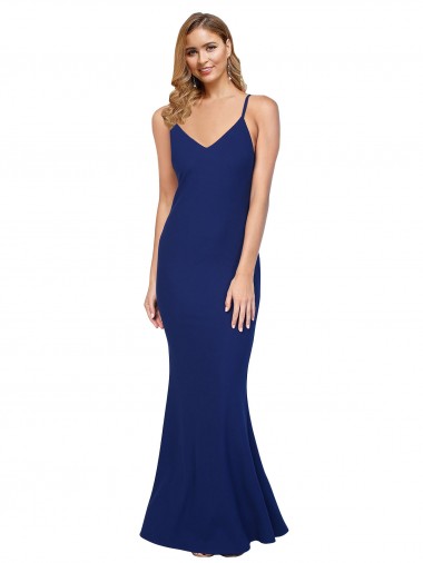 Shop Full Length V-Neckline Crepe Prom Dress with Thin Straps and Fulted Skirt