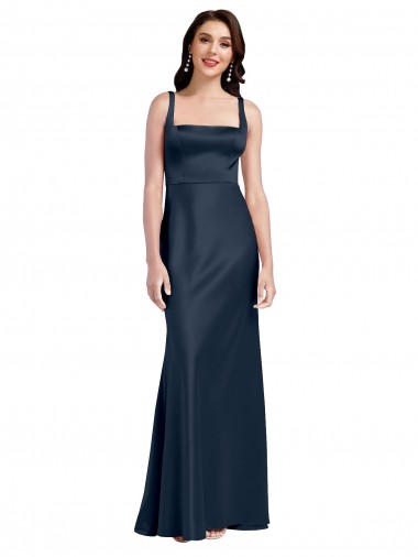 Shop Square Neck A-Line Long Stretch Satin Prom Dress with Wide Straps