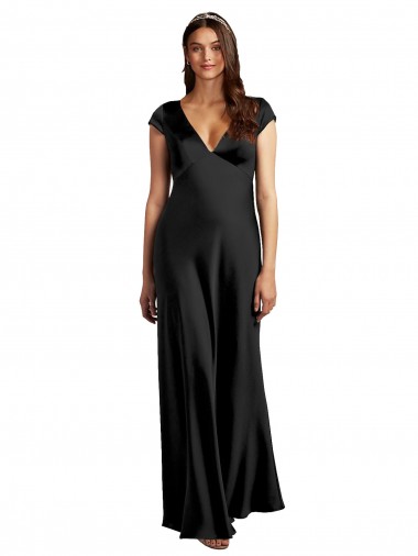 Shop Plunging V-Neck Cap Cleeves Long Stretch Satin Prom Dress with Keyhole Back