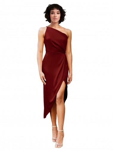 Shop One Shoulder Midi Length Short Stretch Satin Wrap Style Cocktail Prom Dress / Homecoming Dress