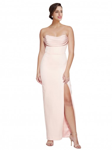 Shop Cowl Neck Strapless Stretch Satin Prom Dress with High Split