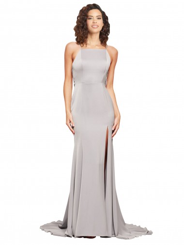 Shop High Neck Low Back Long Full Length Stretch Satin Prom Dress