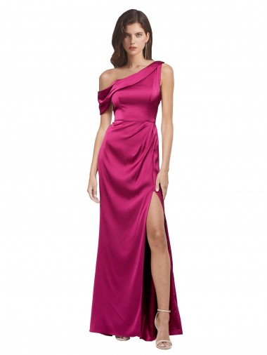 Shop Off the Shoulder Short Sleeves Stretch Satin Prom Dress with Side Slit
