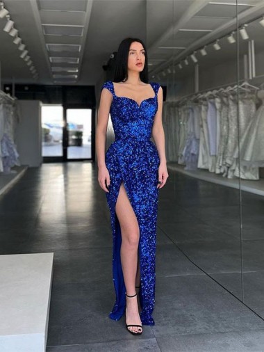 Shop Sleeveless Long Sweep Train Velvet Sequin Prom Dress with High Slit and Straps