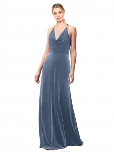 Shop Halter Cowl Neck Long A-Line Velvet Prom Dress with Keyhole Back