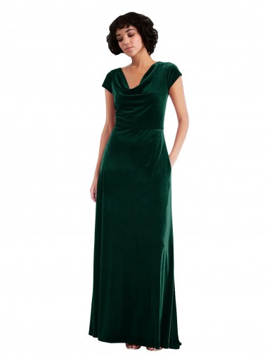 Shop Cowl Neck Cap Sleeve Velvet Maxi Prom Dress with Pockets