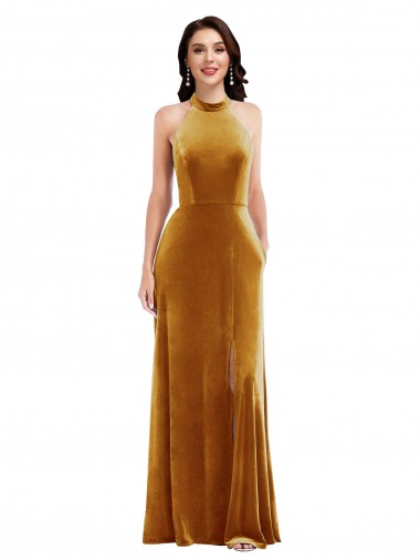 Shop High-Neck Halter Velvet Maxi Prom Dress with Front Slit