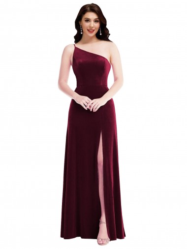 Shop One Shoulder Spaghetti Strap Velvet Maxi Prom Dress with Pockets