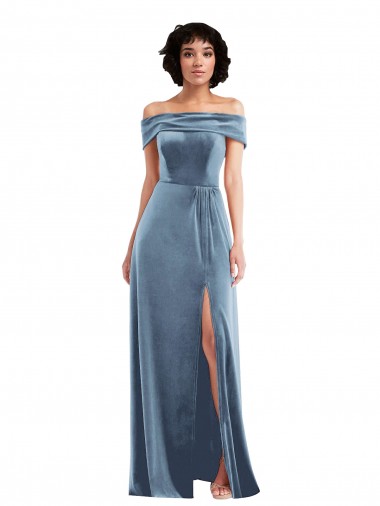 Shop Draped Cuff Off the Shoulder Velvet Maxi Prom Dress with Pockets