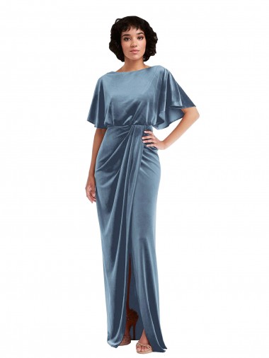 Shop Flutter Sleeve Open Back Velvet Maxi Prom Dress with Pockets & Draped Wrap Skirt