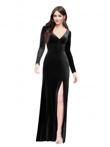 Shop Long Sleeves Velvet Prom Dress with V-Neckline and Thigh Slit