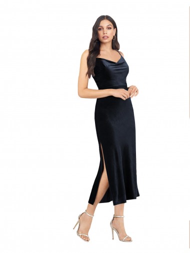 Shop Midi Length Velvet Cocktail Prom Dress / Homecoming Dress with Cowl Neck and Spaghetti Straps