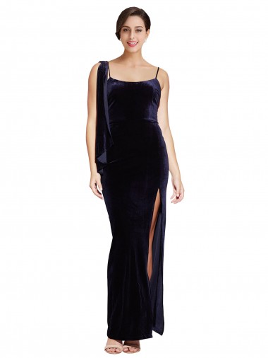 Shop Long Velvet Prom Dress with Side Thigh Split and Shoulder Tie